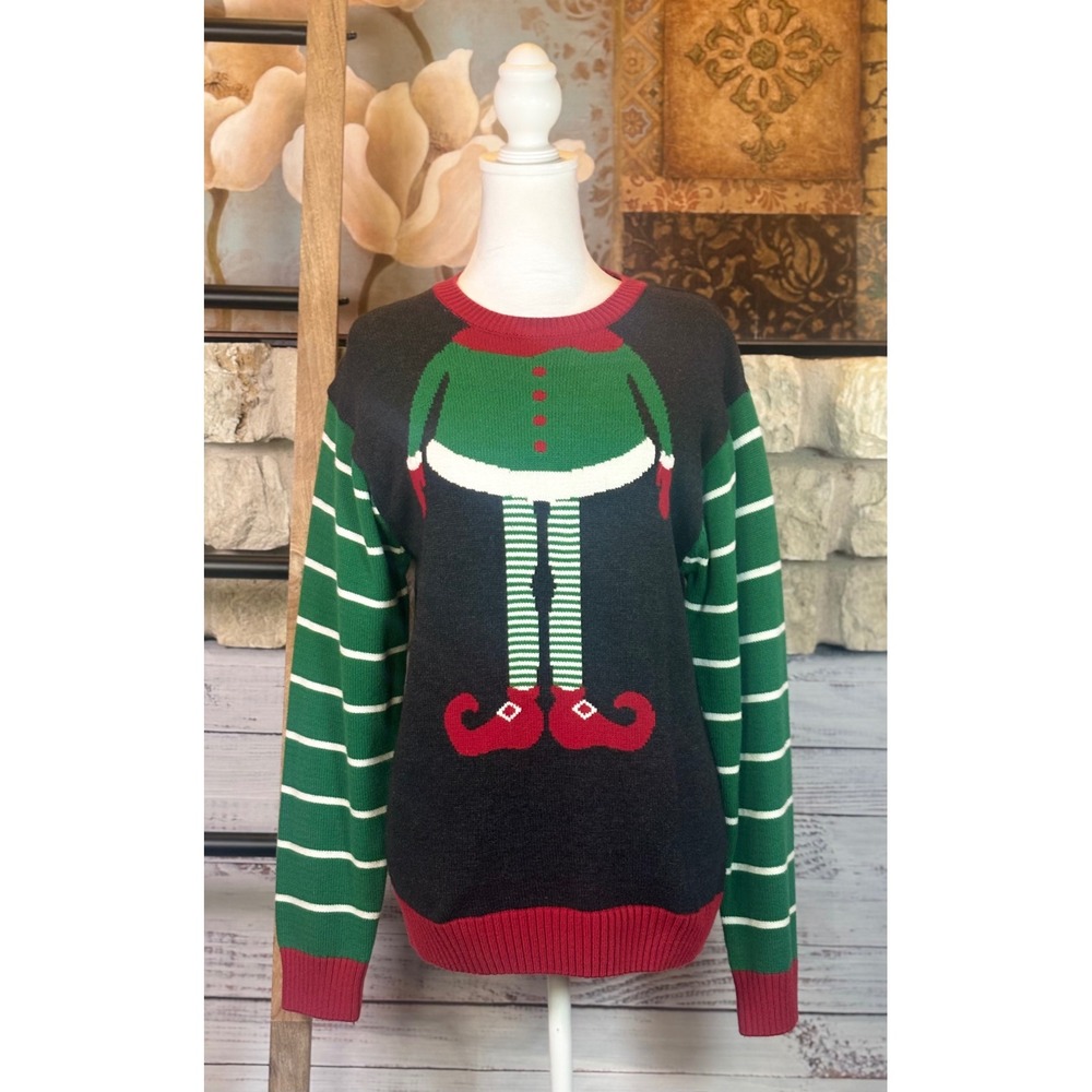 Ugly Christmas Sweater Elf Body Graphic Striped Sleeve Knit Size Large